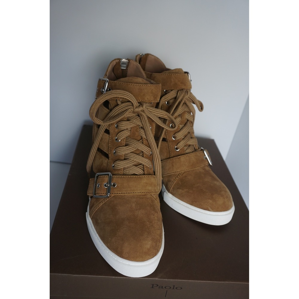 Line Paolo Fave-L Tan Kid‎ Suede Wedge Sneakers Cutout Buckle High Top 11351